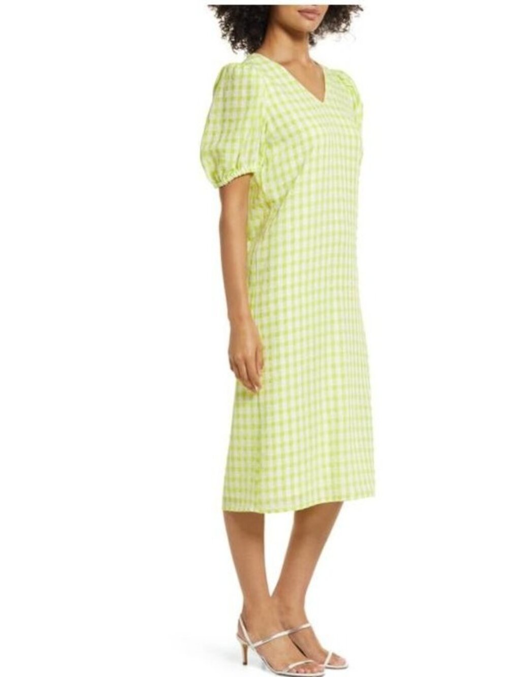 Halogen Puff Sleeve Midi Dress, Lime Green/ White, M - Picture 3 of 11